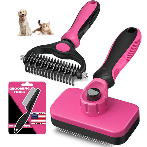 Pink and black pet grooming brush set with packaging on a white background