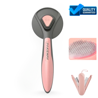 Pink and gray grooming brush with inset showing bristle detail and folded design on a white background.