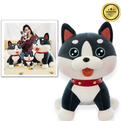 Plush dog toy with a woman holding it, surrounded by smaller plush toys on a white background.