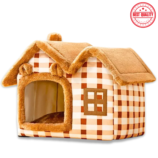 Plush pet house with checkered pattern and 'Best Quality' stamp on a white background