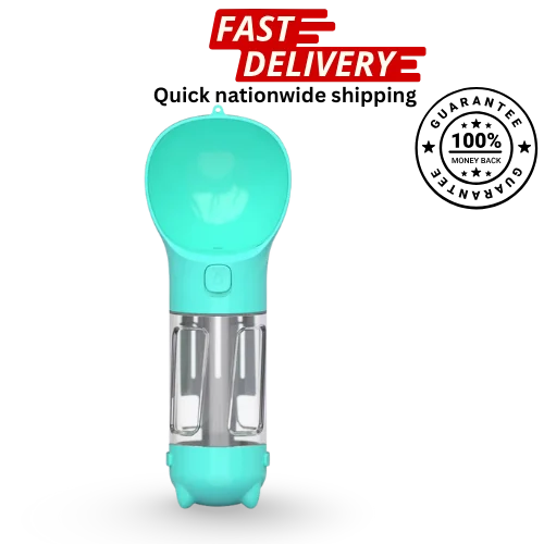 Turquoise water cup with text about fast delivery and a guarantee on a white background