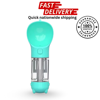 Turquoise water cup with text about fast delivery and a guarantee on a white background