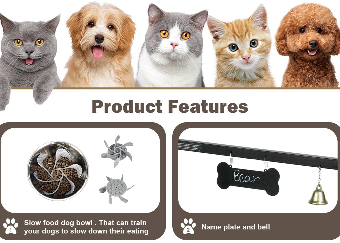 Product features of a pet feeding station with images of dogs and cats above it.