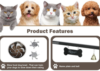Product features of a pet feeding station with images of dogs and cats above it.