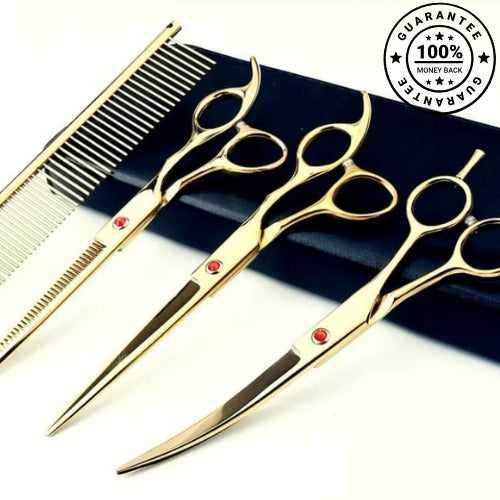 Set of gold scissors and comb on a white background with a guarantee badge.