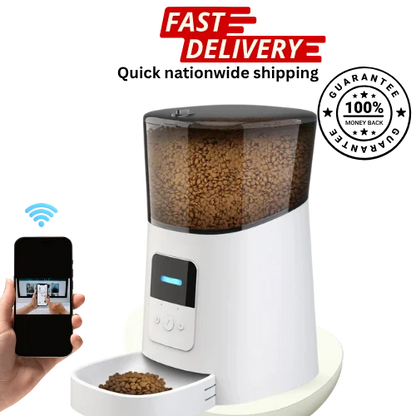 Smart pet feeder with smartphone app control, fast delivery text, and guarantee badge on a white background