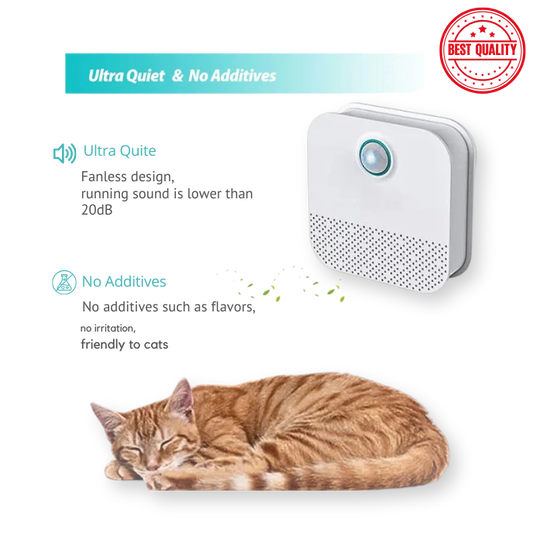 Cat product with text about ultra quiet design and no additives, featuring a cat sleeping below.