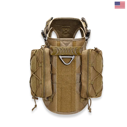 Tan tactical vest with multiple pockets and straps on a white background