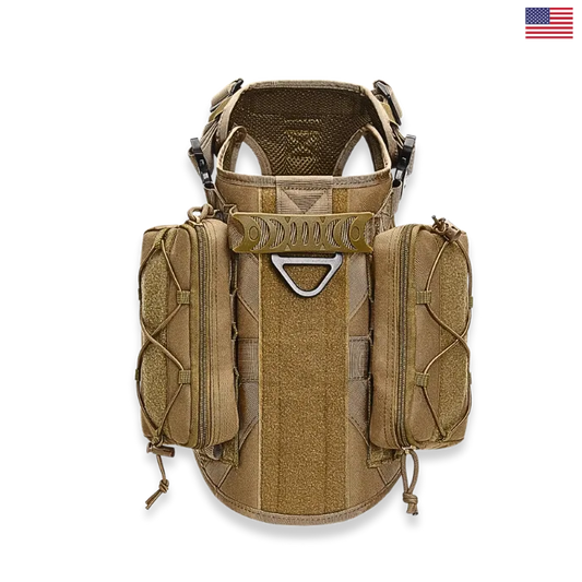 Tan tactical vest with multiple pockets and straps on a white background