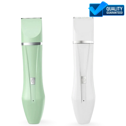 Two pet hair trimmer, one green and one white, on a white background with a 'Quality Guaranteed' label.
