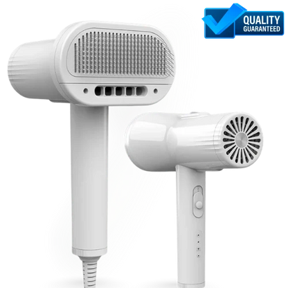 Two white hair dryers on a white background with a 'Quality Guaranteed' badge.