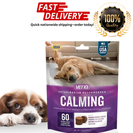 Package of VetIQ calming chews for dogs with images of a dog and a puppy