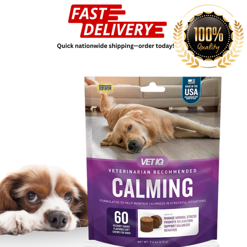 Package of VetIQ calming chews for dogs with images of a dog and a puppy, and text about fast delivery and quality.