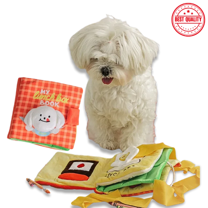 White dog with colorful soft book and toy on a white background, featuring a 'Best Quality' stamp.