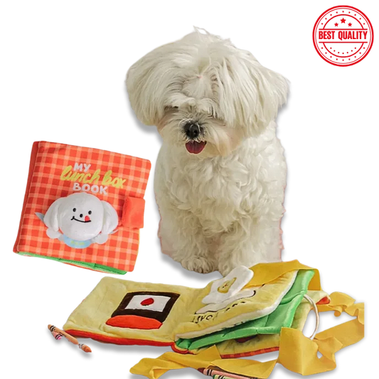 White dog with colorful soft book and toy on a white background, featuring a 'Best Quality' stamp.