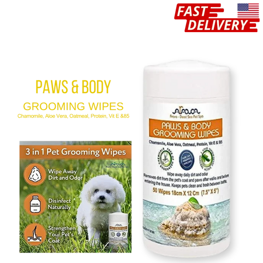 PAWS & BODY grooming wipes packaging with a white dog illustration on a grassy background.
