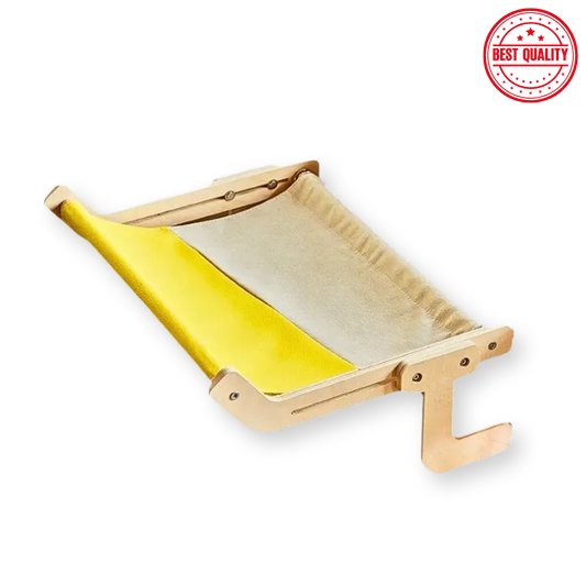 Wooden and yellow pet hammock with 'Best Quality' stamp on a white background