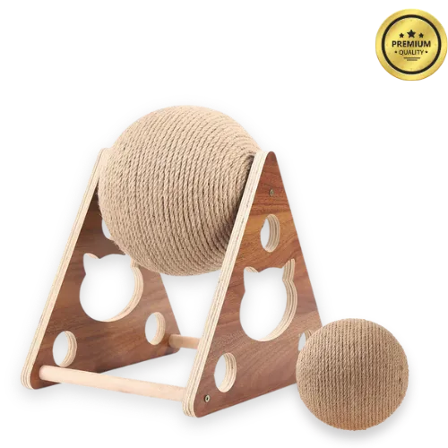 Wooden cat toy with sisal balls on a white background