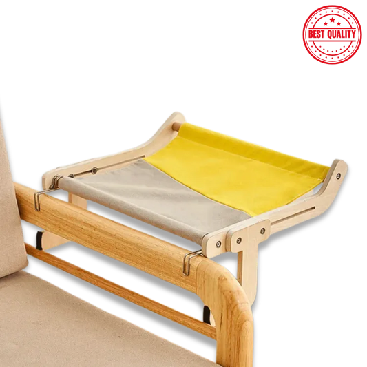 Wooden pet bed with yellow cushion on a white background, labeled 'Best Quality'.