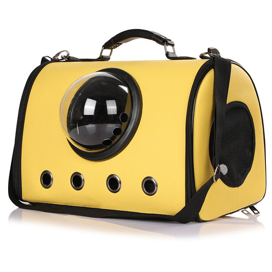 Yellow and black pet carrier bag with a transparent space capsule-like window, designed for both dogs and cats.