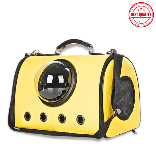Yellow pet carrier with a clear front window on a white background