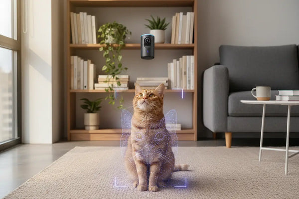  A smart pet camera mounted in a living room, with an overlay showing AI facial landmark points tracking a cat's expression for pain detection.