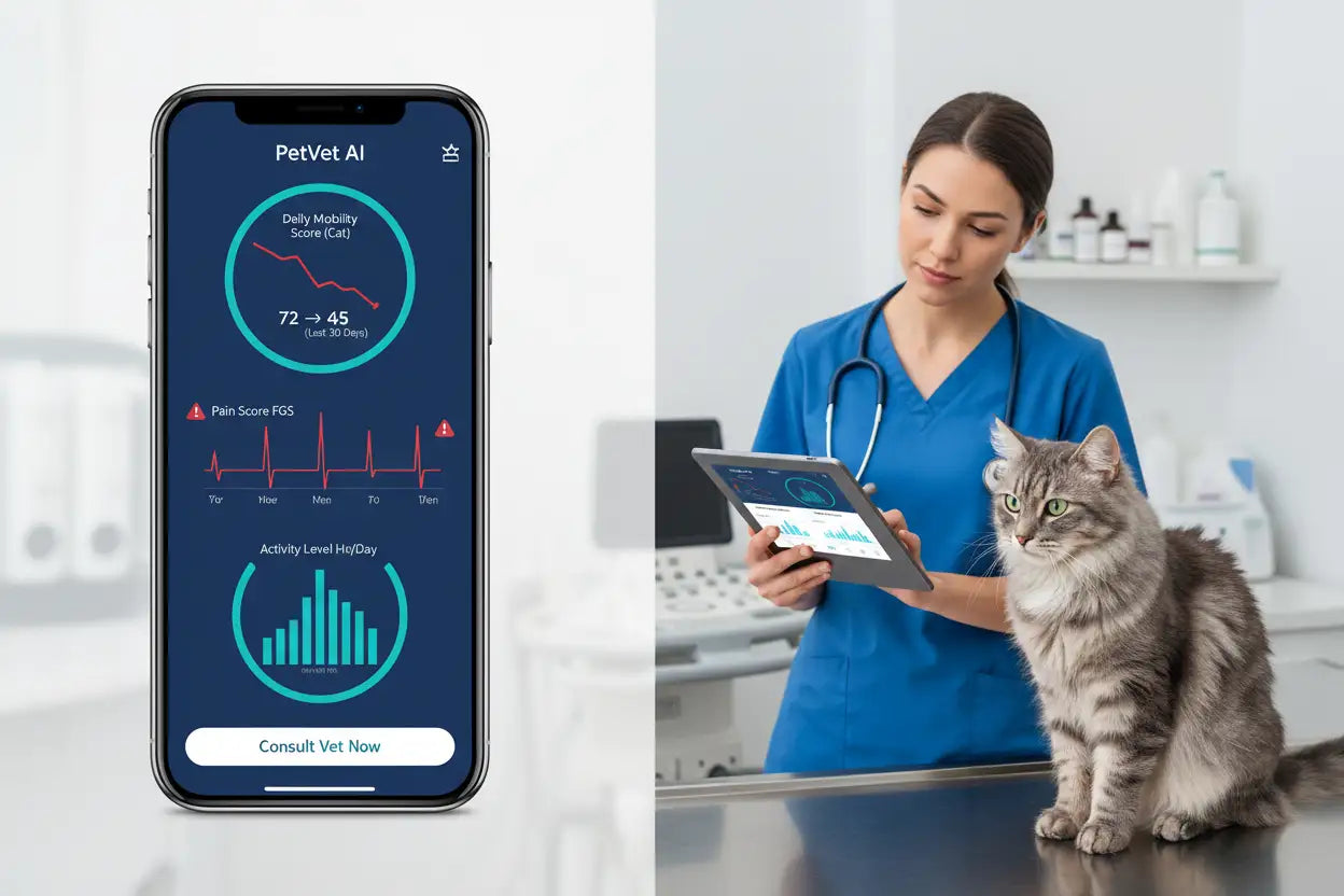 A veterinarian reviews a smartphone app dashboard showing AI-generated health graphs for a cat during a clinical consultation, illustrating data-driven pet care.