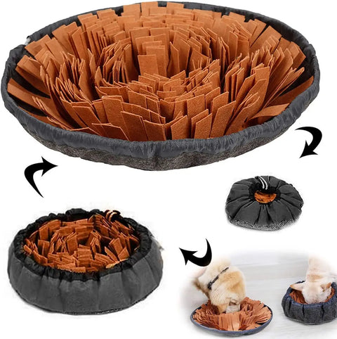 Brown adjustable dog snuffle mat transforming into a slow feeder bowl with drawstring closure.