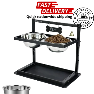 Pet feeding station with bowls and treats, fast delivery and guarantee text