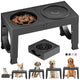 Black adjustable elevated pet feeder with slow food bowl and no-spill water bowl for various dogs