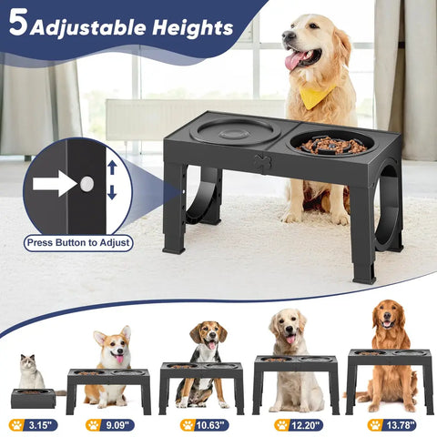 Black adjustable elevated pet feeder with slow food bowl and no-spill water bowl for various dogs
