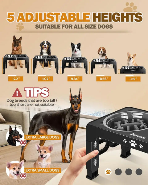 nfographic showing 5 adjustable height levels from 3.15 to 12.2 inches for small to large dog breeds.