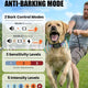 AI auto anti-barking mode breakdown displaying 2 bark control modes, 3 sensitivity settings, and 5 intensity levels with a Golden Retriever