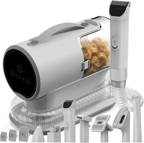 Complete set of all-in-one pet vacuum grooming kit attachments, including clippers, nail grinder, and brush heads