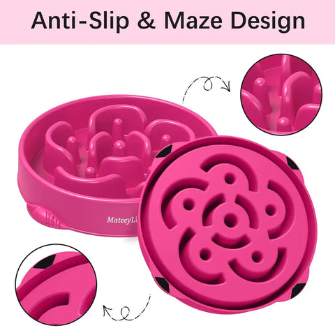 Close-up of the anti-slip rubber feet and internal maze design of a pink slow feeder dog bowl.