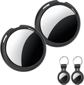 Two black round smart item trackers with keychain cases.