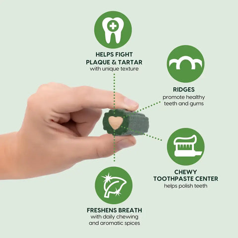 Infographic showing Ark Naturals dental chew benefits: plaque and tartar reduction, ridges for cleaning, and toothpaste center