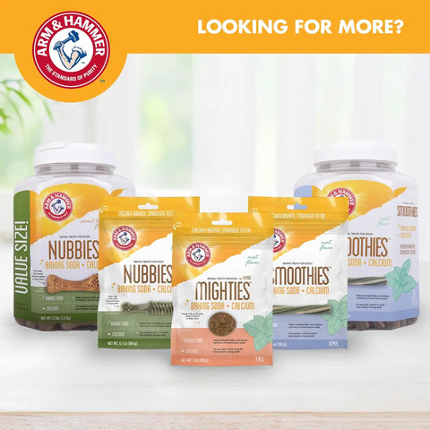 Arm and Hammer dog dental treats product family including Nubbies, Mighties, and Smoothies value sizes and pouches