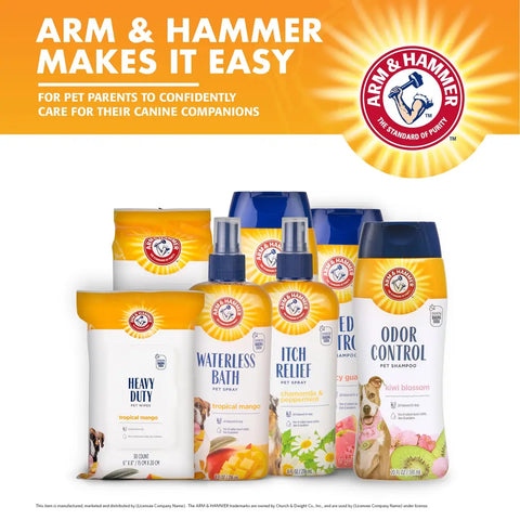 Collection of Arm & Hammer dog grooming products including pet wipes, waterless bath spray, itch relief spray, and deodorizing shampoos.