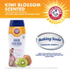 Infographic displaying Arm & Hammer Kiwi Blossom scented pet shampoo alongside sliced kiwi fruit and baking soda formula highlight.