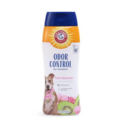 Front view of Arm & Hammer Kiwi Blossom Odor Control Pet Shampoo bottle with pH balanced dog formula badge.