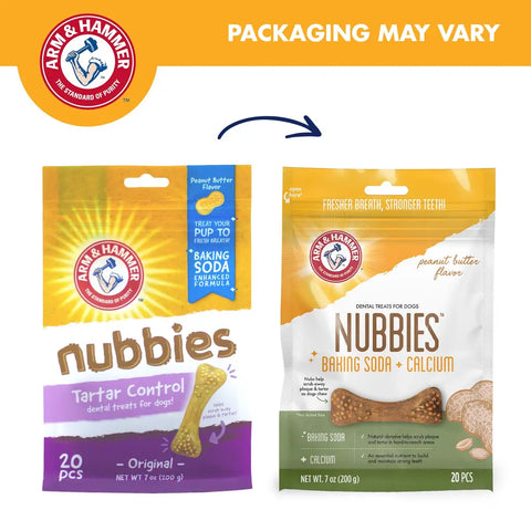 Arm and Hammer Nubbies dog dental treats peanut butter flavor packaging transition from old to new design