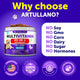 Promotional graphic for Artullano dog multivitamin highlighting no soy, GMO, corn, or dairy, made in the USA with 100% natural ingredients.