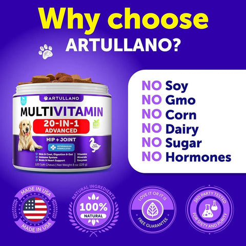 Promotional graphic for Artullano dog multivitamin highlighting no soy, GMO, corn, or dairy, made in the USA with 100% natural ingredients.