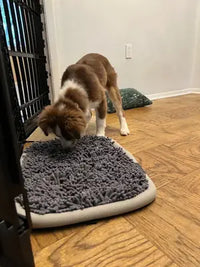 Brown and white Australian Shepherd puppy using a gray microfiber snuffle mat on a hardwood floor.