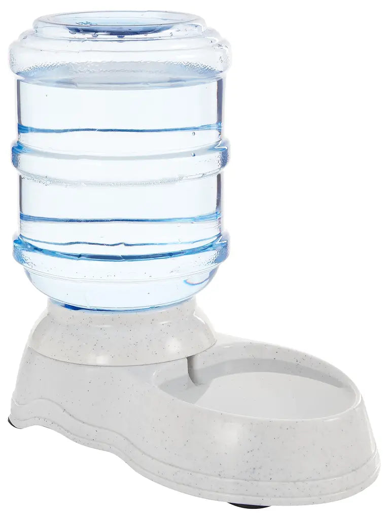 Gravity-fed automatic pet waterer with clear 1-gallon reservoir and white speckled base