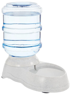 Gravity-fed automatic pet waterer with clear 1-gallon reservoir and white speckled base.