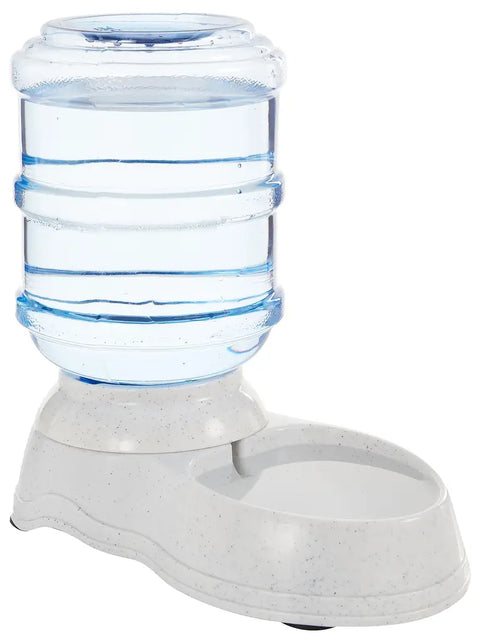 Gravity-fed automatic pet waterer with clear 1-gallon reservoir and white speckled base.