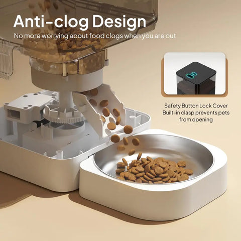 Internal view of the anti-clog mechanism and safety button lock cover on a pet food dispenser.