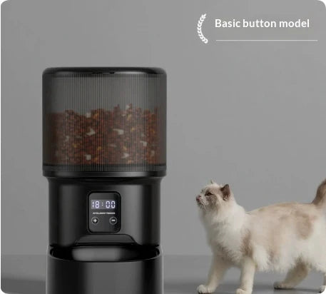 Basic button model of the black automatic pet feeder featuring a digital clock and timer display for programmable feeding times.